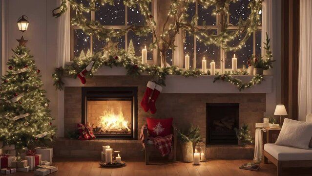 Fireplace with Christmas decorations. snow-falling environment. seamless looping time-lapse virtual video animation background.