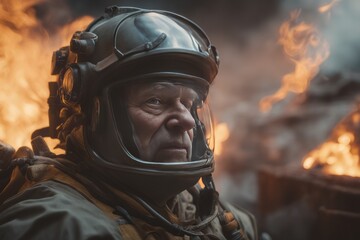 portrait of man with fire in helmet and jacket portrait of man with fire in helmet and jacket portrait of a firefighter in the helmet with a fire in his hands.