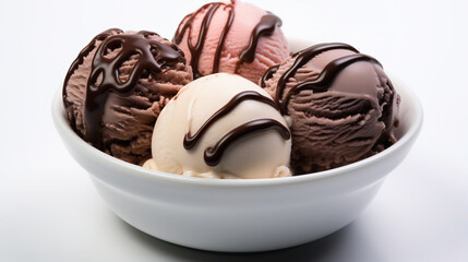 Chocolate and Strawberry Flavour Ice Cream Scoops in one White Bowl on White Selective Focus Background