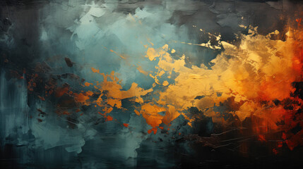 Abstract painting with orange color and black smoke, in the style of dark turquoise and dark gold - Generative AI