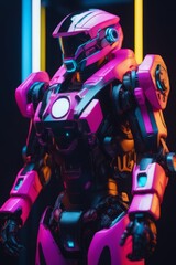 robot in a neon light robot in a neon light futuristic robot with neon lights on the dark background