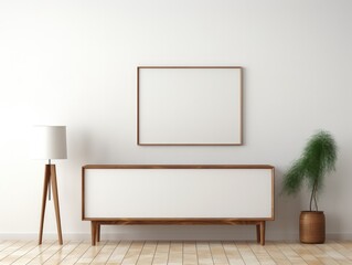 Wooden sideboard with a mirror hanging from it frame mockup.