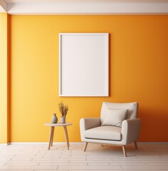 White chair and a picture frame mockup with a orange wall.