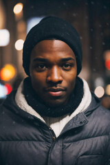 portrait of a man wearing a hat at night in the city, winter, snow