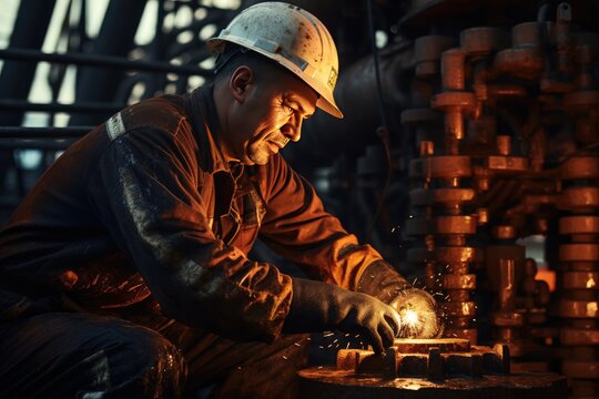 Oil worker makes repairs in an oil well while working on a pipe.