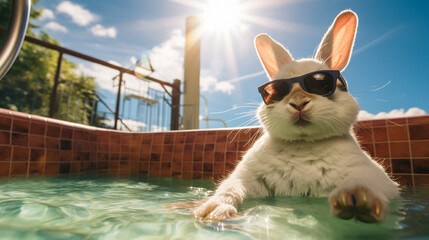 A cute white rabbit wearing sunglasses and sitting in a hot tub - obrazy, fototapety, plakaty