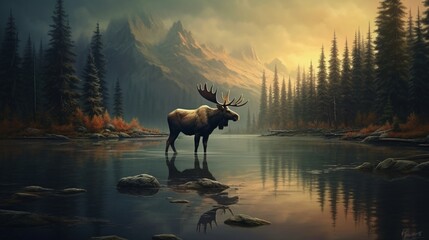 A moose wading through a still lake, its antlers reflecting on the water. - obrazy, fototapety, plakaty
