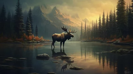 Foto op Canvas A moose wading through a still lake, its antlers reflecting on the water. © balqees