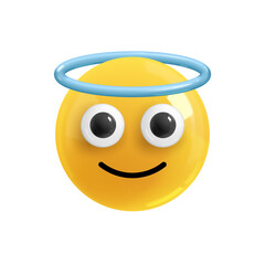 Emoji face smiling angel. Realistic 3d design. Emoticon yellow glossy color. Icon in plastic cartoon style isolated on white background. PNG
