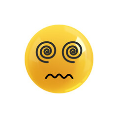 Emoji face dizziness. Realistic 3d design. Emoticon yellow glossy color. Icon in plastic cartoon style isolated on white background. EPS