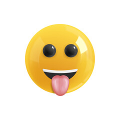 Emoji face funny shows tongue. Realistic 3d Icon. Render of yellow glossy color emoji in plastic cartoon style isolated on white background. EPS