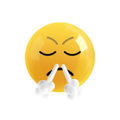 Emoji face gets angry and exhales a lot of air. Realistic 3d design. Emoticon yellow glossy color. Icon in plastic cartoon style isolated on white background. PNG