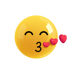 Emoji face the lover sends an air kiss. Realistic 3d Icon. Render of yellow glossy color emoji in plastic cartoon style isolated on white background. PNG