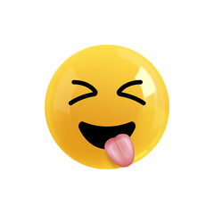 Emoji face smiling and showing tongue. Emotion Realistic 3d Render. Icon Smile Emoji. PNG yellow glossy emoticons.
