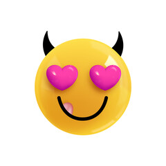 Emoji face devil fell in love. Realistic 3d Icon. Render of yellow glossy color emoji in plastic cartoon style isolated on white background. EPS