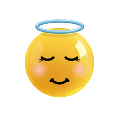 Emoji face angel. Emotion Realistic 3d Render. Icon Smile Emoji. PNG yellow glossy emoticons.