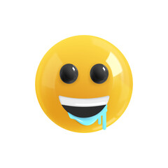Emoji face drooling with happiness. Realistic 3d design. Emoticon yellow glossy color. Icon in plastic cartoon style isolated on white background. 