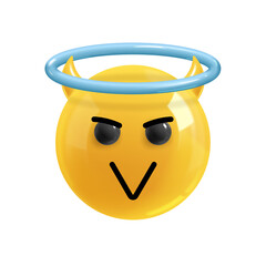 Emoji face angry angel. Realistic 3d design. Emoticon yellow glossy color. Icon in plastic cartoon style isolated on white background. EPS 