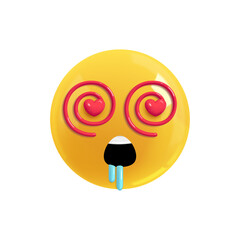 Emoji face dizzy with desire. Realistic 3d design. Emoticon yellow glossy color. Icon in plastic cartoon style isolated on white background. PNG