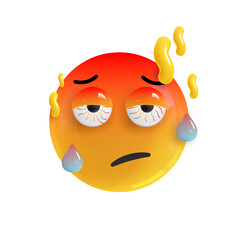 Emoji face tired from heat. Realistic 3d design. Emoticon yellow glossy color. Icon in plastic cartoon style isolated on white background. EPS