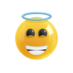 Emoji face happy angel. Realistic 3d design. Emoticon yellow glossy color. Icon in plastic cartoon style isolated on white background. EPS