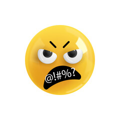 Emoji face swearing. Realistic 3d Icon. Render of yellow glossy color emoji in plastic cartoon style isolated on white background. EPS
