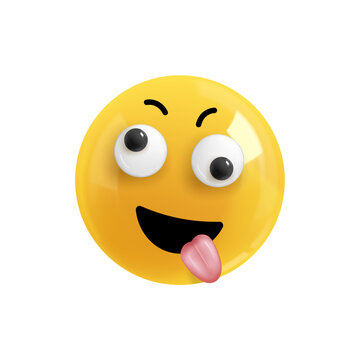 Emoji face dizzy with happiness. Realistic 3d design. Emoticon yellow glossy color. Icon in plastic cartoon style isolated on white background. EPS