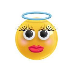 Emoji face angel with eyelashes. Realistic 3d design. Emoticon yellow glossy color. Icon in plastic cartoon style isolated on white background. EPS