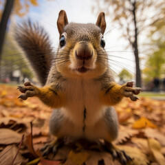 Obraz premium A close-up photograph of a curious squirrel standing on its hind legs, looking directly at the camera.