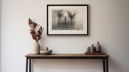 A narrow console table against a hallway wall, adorned with a vase, framed photographs, and trinkets.