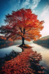 colorful beautiful landscape of yellow and red autumn al lake or river, colourful scene of fall and water