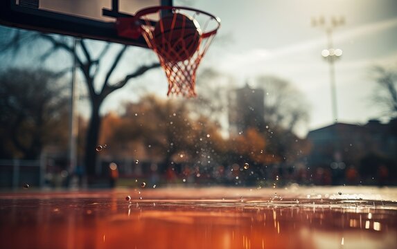 Below, basketball and net with sky in summer for shooting, scoring and points to win game. Hoop, rim and ball in closeup at basketball court for sports, competition or workout at playground, outdoor