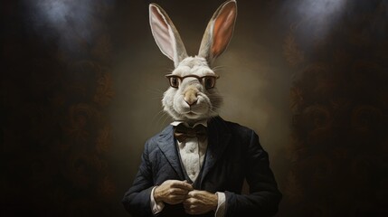 DANDY RABBIT. 3D portrait, Buttoning, Eyeglasses, Dressed, Refined, Elegant, Gentleman. Rabbit with pricked ears shot in the act of buttoning his jacket in 1800s style. Bow tie and fancy blue dress.  - obrazy, fototapety, plakaty