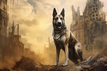 High resolution artwork of a dog in a gritty, mature, medieval fantasy world. Generative AI