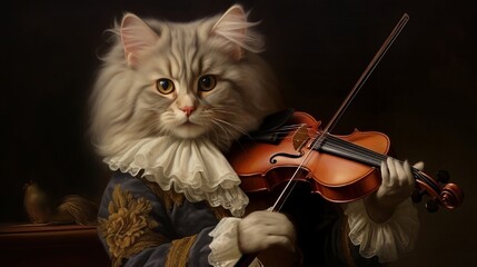 3D ironic portrait, Musician cat, Violinist, Violin, Playing, Animal, 1700s. INIMITABLE CAT WITH VIOLIN. A beautiful eighteenth-century kitten violinist posing with his violin in 1700s style.