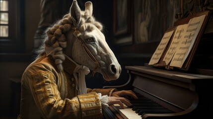 3D ironic portrait, Musician horse, Pianist, Piano, Playing, Animal, 1700s. PERFORMING AN EQUINE MASTERPIECE. 3D human horse pianist playing the piano portrayed with 1700s noble embroidered attire. - obrazy, fototapety, plakaty