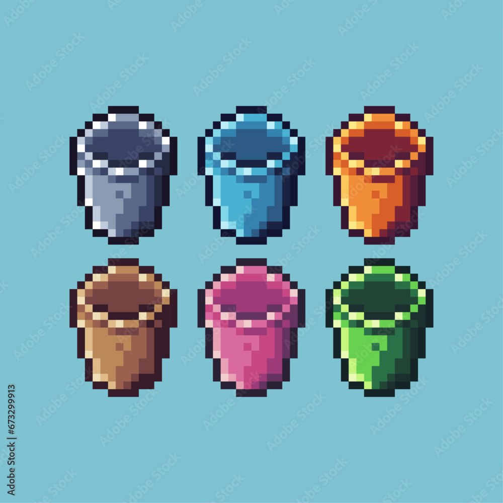 Fototapete pixel art sets of bucket with variation color item asset. simple bits of golden bucket pixelated sty
