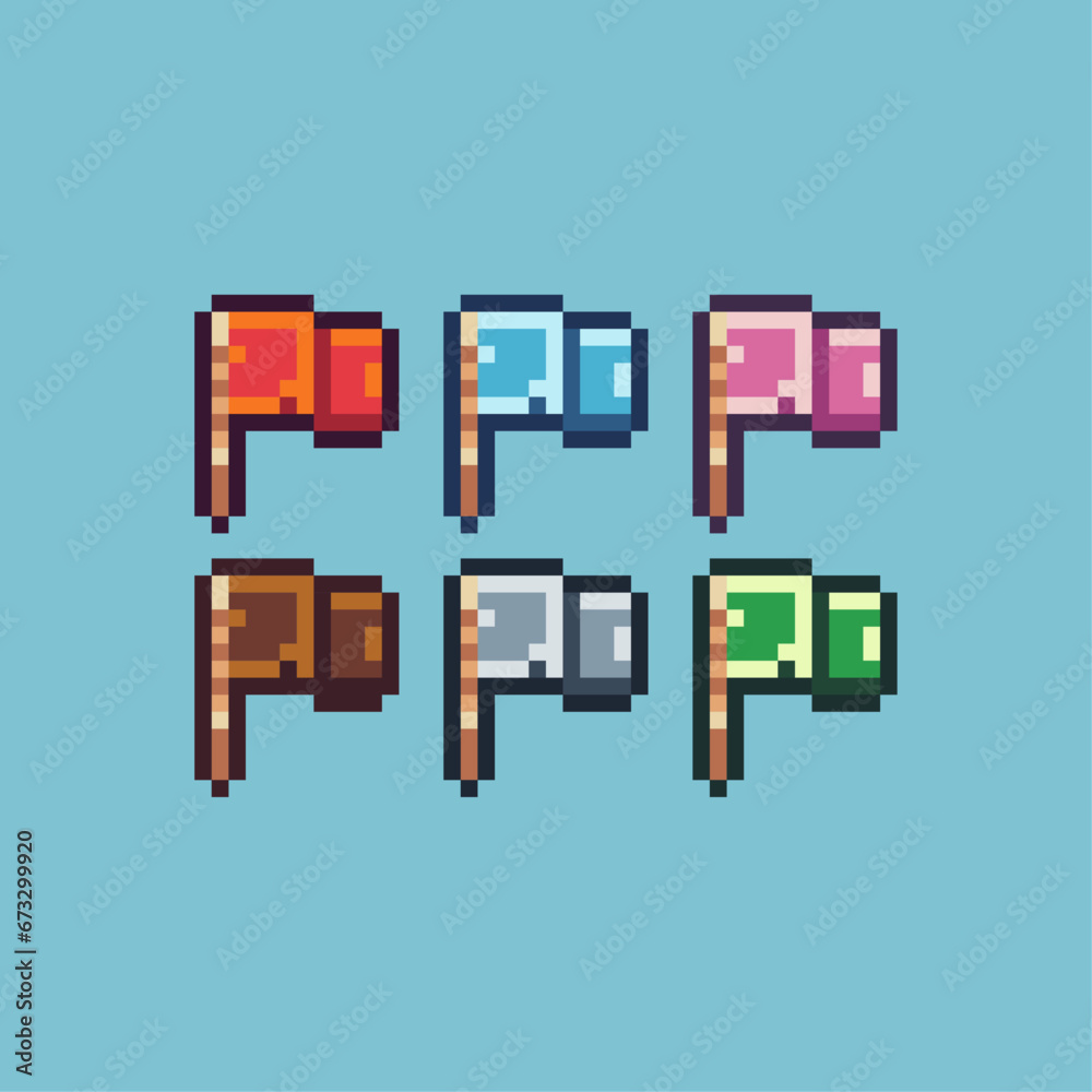 Poster pixel art sets of flag with variation color item asset. simple bits of red ,blue,green flag pixelate