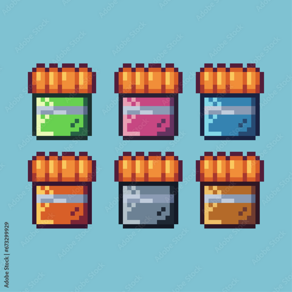 Poster pixel art sets of french fries with variation color item asset. simple bits of french fries on pixel