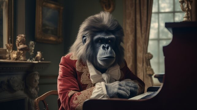 3D gorilla portrait, Pianist, Piano, Musician, 1700, Composer, Master, Room. WAITING FOR INSPIRATION. A gorilla pianist composer with 1700s wig, noble embroidered attire and instrument of his work.