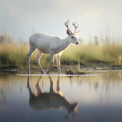 white deer is eating the grass quietly