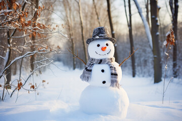 Obraz premium Smiling snowman in winter outdoor, wearing a hat and scarf, forest background professional photography. Generative Ai
