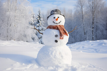Fototapeta premium Smiling snowman in winter outdoor, wearing a hat and scarf, forest background professional photography. Generative Ai