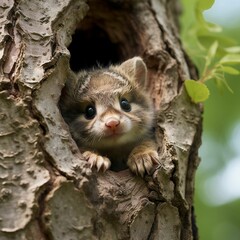 AI-generated illustration of an Adorable forest dormouse peeking out from a hollowed-out tree trunk - obrazy, fototapety, plakaty