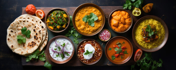  Assorted various Indian food on a dark rustic background
