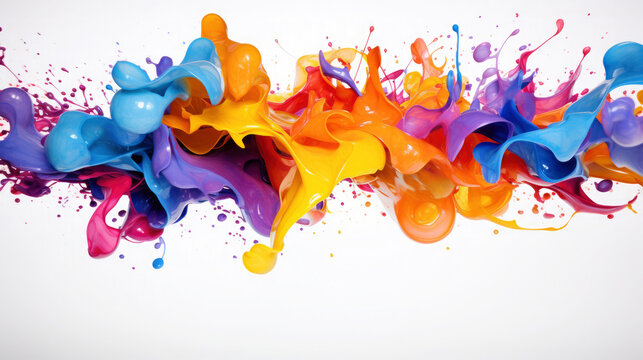 Liquid fluently colorful, color splash in rainbow colors, acrylic paint isolated on white background
