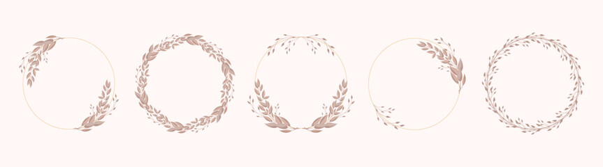 Set of round frames, wreaths with delicate branches of laurel leaves, eucalyptus leaves. Templates for cards and invitations in boho style. Vector