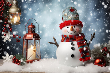 Obraz premium Smiling snowman in winter outdoor, wearing a hat and scarf, forest background professional photography. Generative Ai