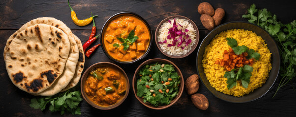 Assorted various Indian food on a dark rustic background
