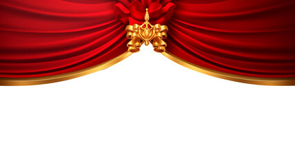 Red curtain with golden ornament on transparent background. Perfect for grand opening flyer template, invitation, card, offer, shop, and promotion. Generative AI